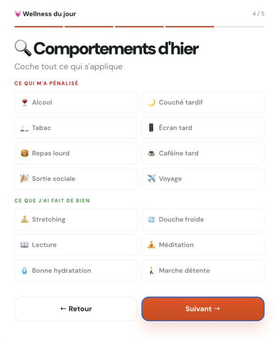 Questionnaire de bien-être ThePerfClub — comportements de la veille